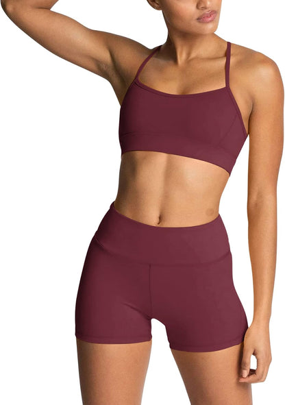 Women'S Workout Sets 2 Piece Yoga Outfits High Waisted Biker Shorts and Cross Back Sports Bra Gym Set